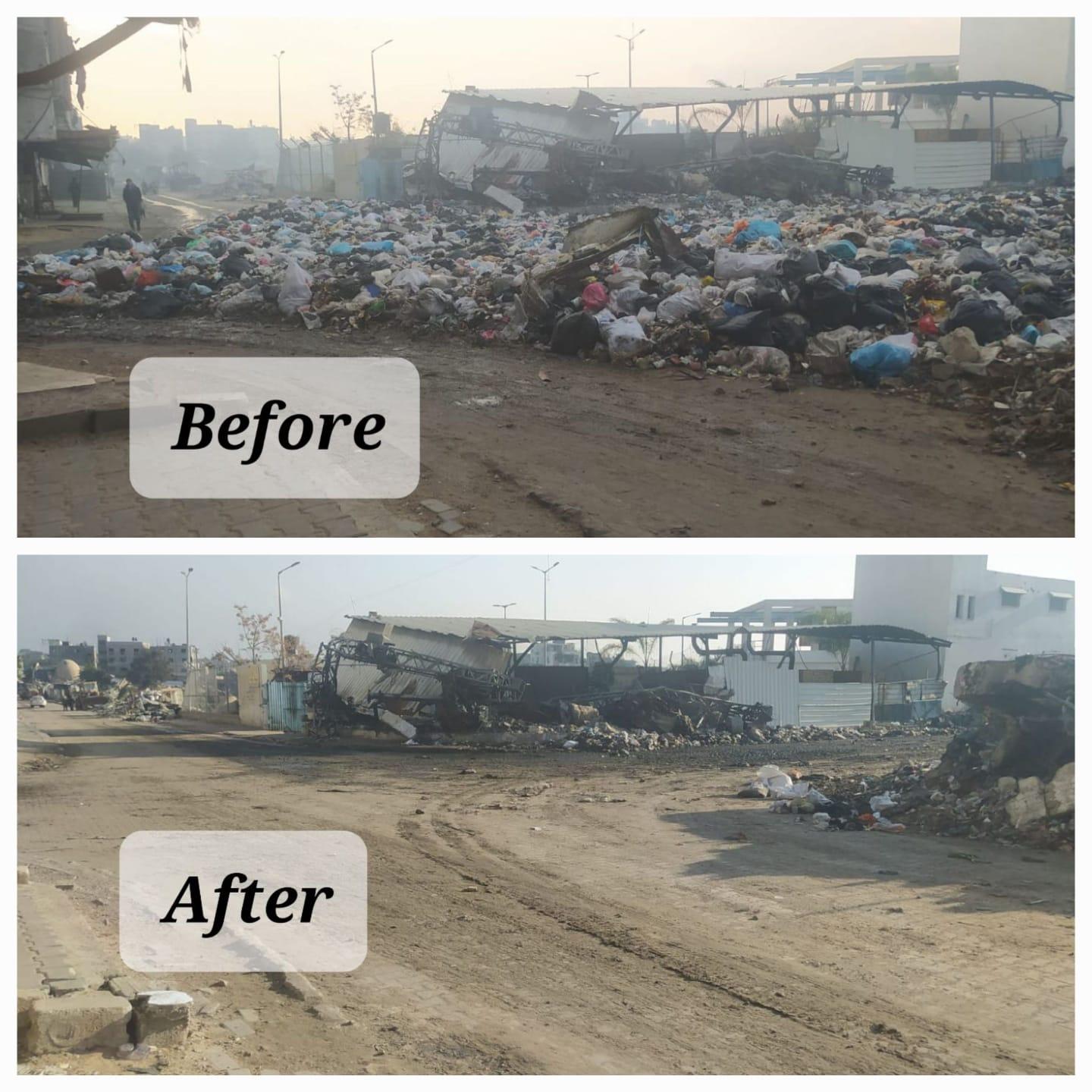 El antes y el después del trabajo de retirada de residuos sólidos de Acción contra el Hambre en el norte de Gaza. © Acción contra el Hambre