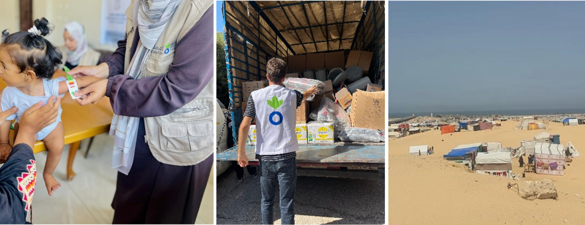 De izq. a dcha: medición del brazo de una niña en Gaza para evaluar su estado nutricional; distribución de alimentos en Líbano hace solo unos días y tiendas construidas para familias desplazadas en la Franja de Gaza.