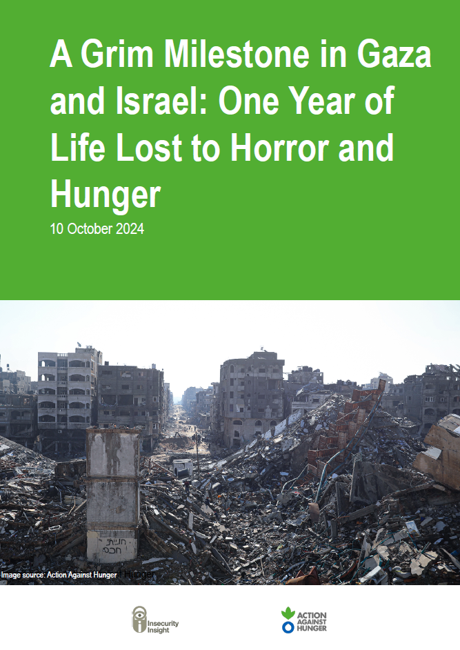 Informe con imagen de la destrucción en Gaza y el texto A Grim Milestone in Gaza and Israel One Year of Life Lost to Horror and Hunger